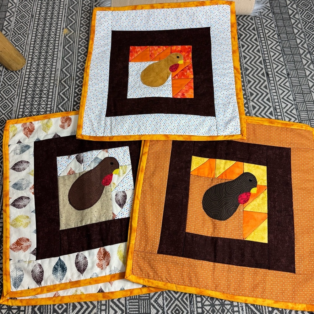 Set of 6 Thanksgiving Turkey Quilted Placemats Cottagecore Country Table Setting